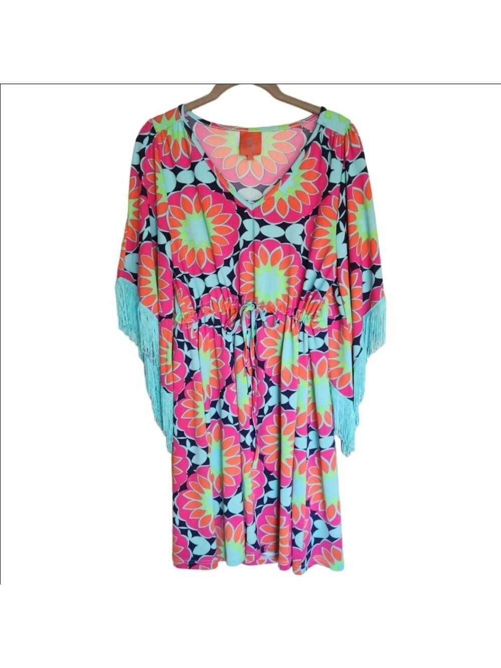 TRACY NEGOSHIAN VINTAGE 70s VIBE FRINGE SLEEVE V NECK DRESS MEDIUM LIKE NEW!